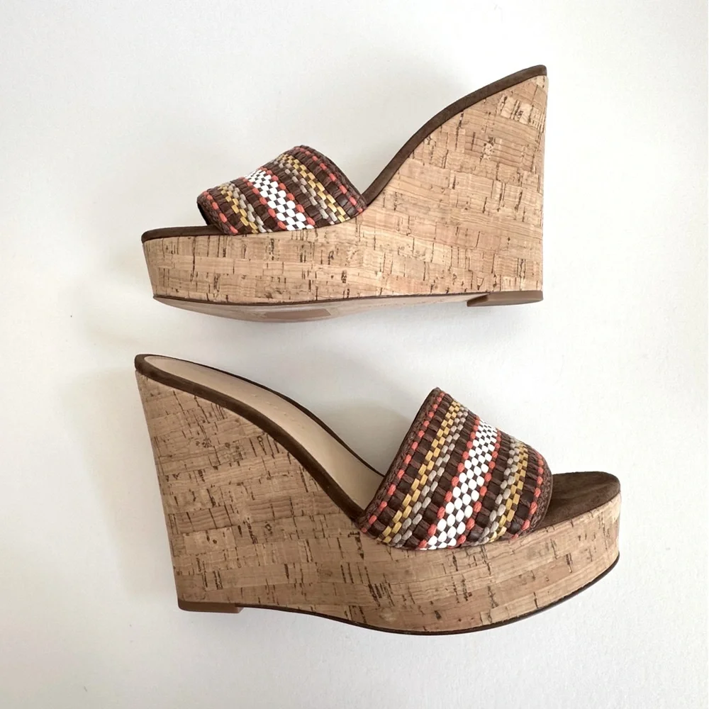 Veronica Beard Dali Multi Woven Raffia Cork Wedge Slide Sandals Brown Tan 9 NIB